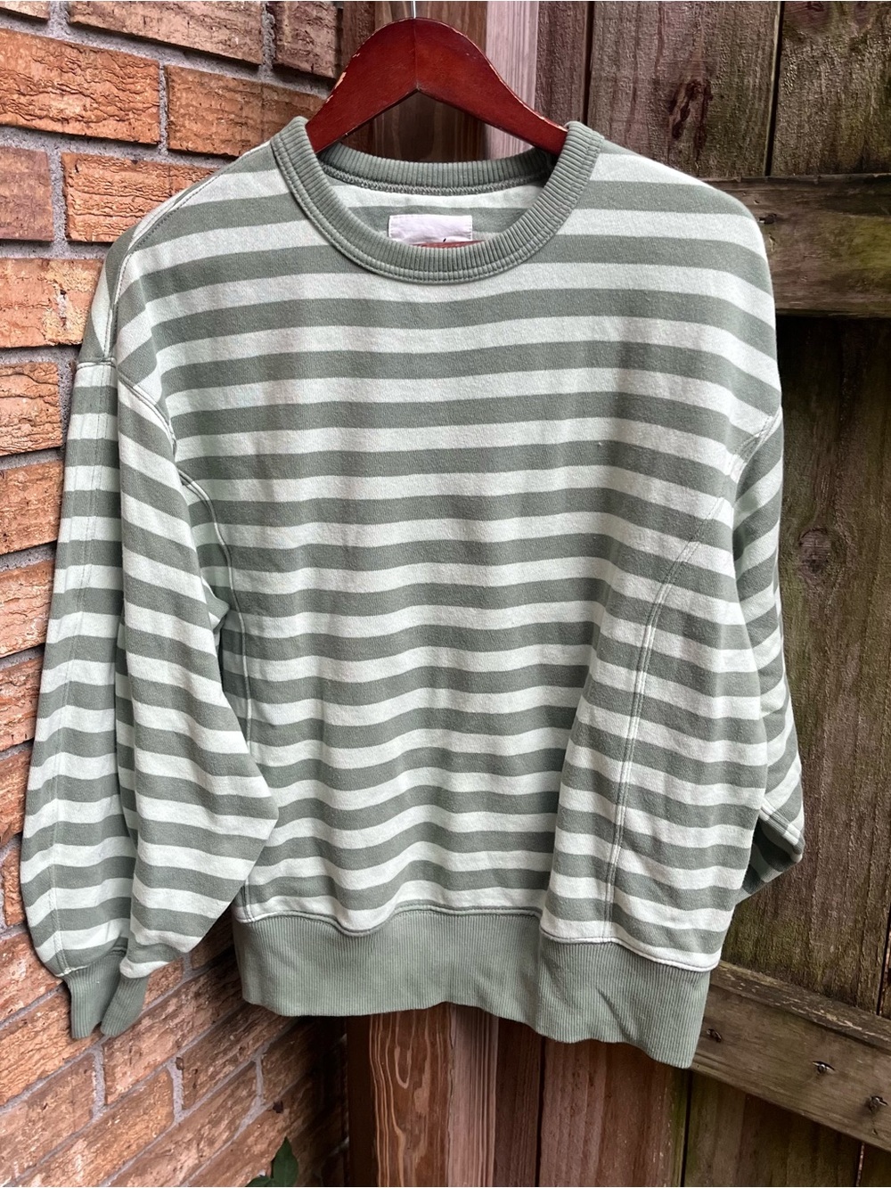 Aerie Oversized Striped Crewneck Sweatshirt in Sage Green